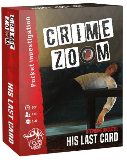 Crime Zoom His Last Card board game box featuring a man lying on a sofa