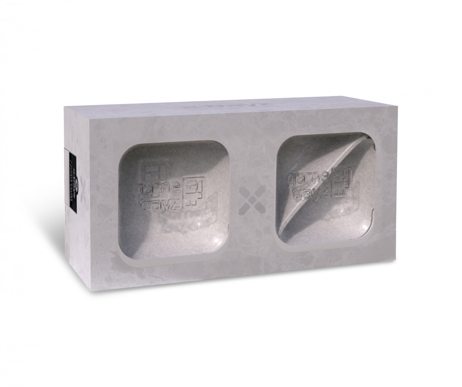 Light grey box with two clear windows showing custom molded 'Game Trayz' board game organizers