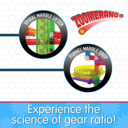 Zoomerang 2.0 marble run features: spiral marble lifter and funnel drop, teaching gear ratio science