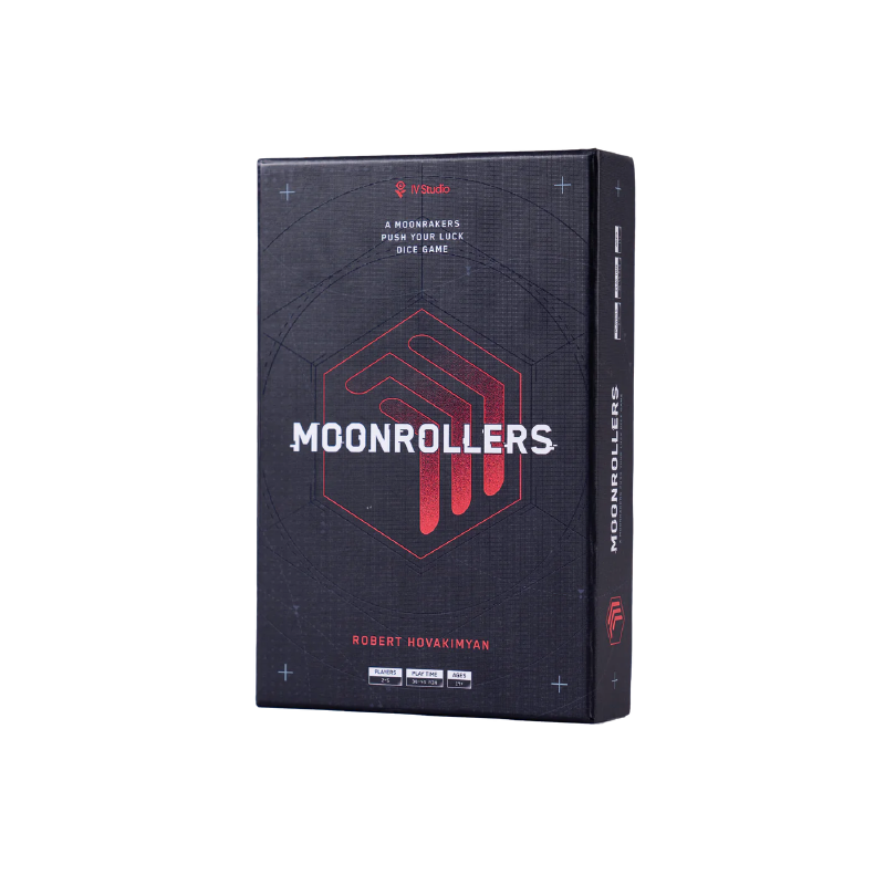 Black box for the "Moonrollers" push-your-luck dice game, featuring a white title and red futuristic logo