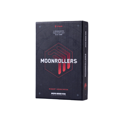 Black box for the "Moonrollers" push-your-luck dice game, featuring a white title and red futuristic logo