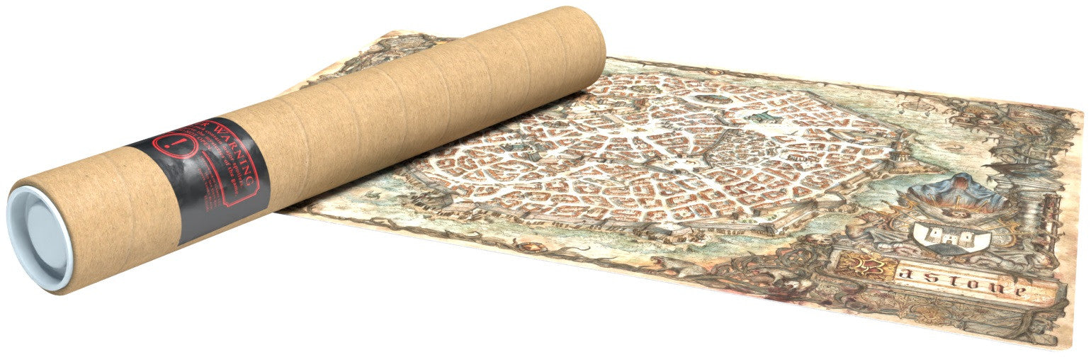 Rolled brown cardboard tube with a black warning label next to an unfurled fantasy map of a city showing detailed buildings and decorative border