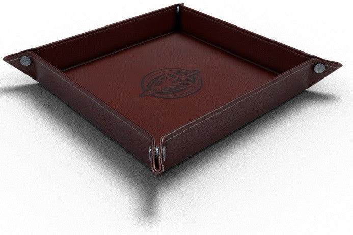 Dark brown leather dice tray with debossed logo on the interior surface