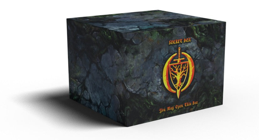 Dark green and grey cube-shaped box with Secret Box and a golden sword and tree emblem on the side reads You May Open This Box