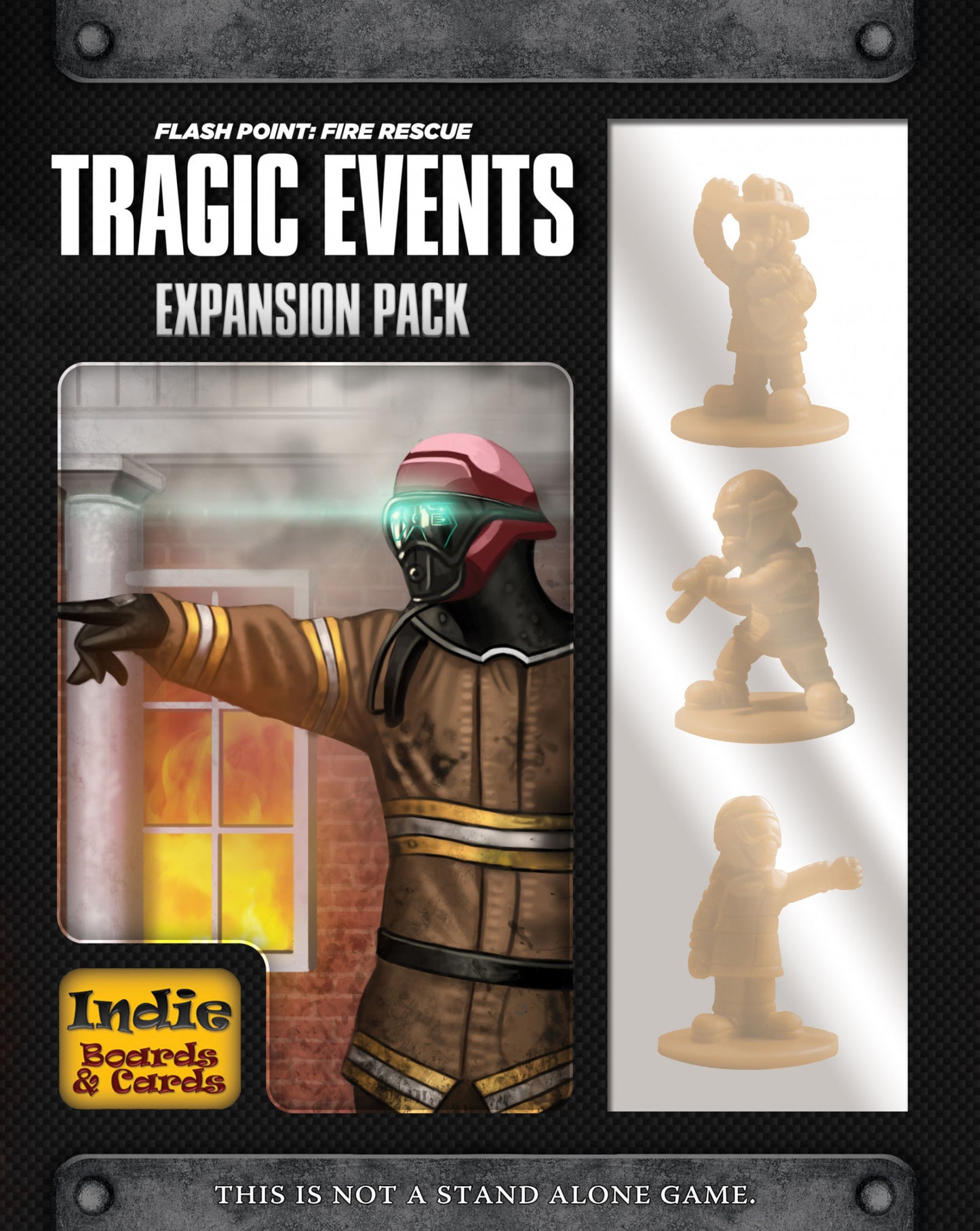 Flash Point: Tragic Events Expansion Pack cover. Firefighter points at burning window; three tan firefighter miniatures