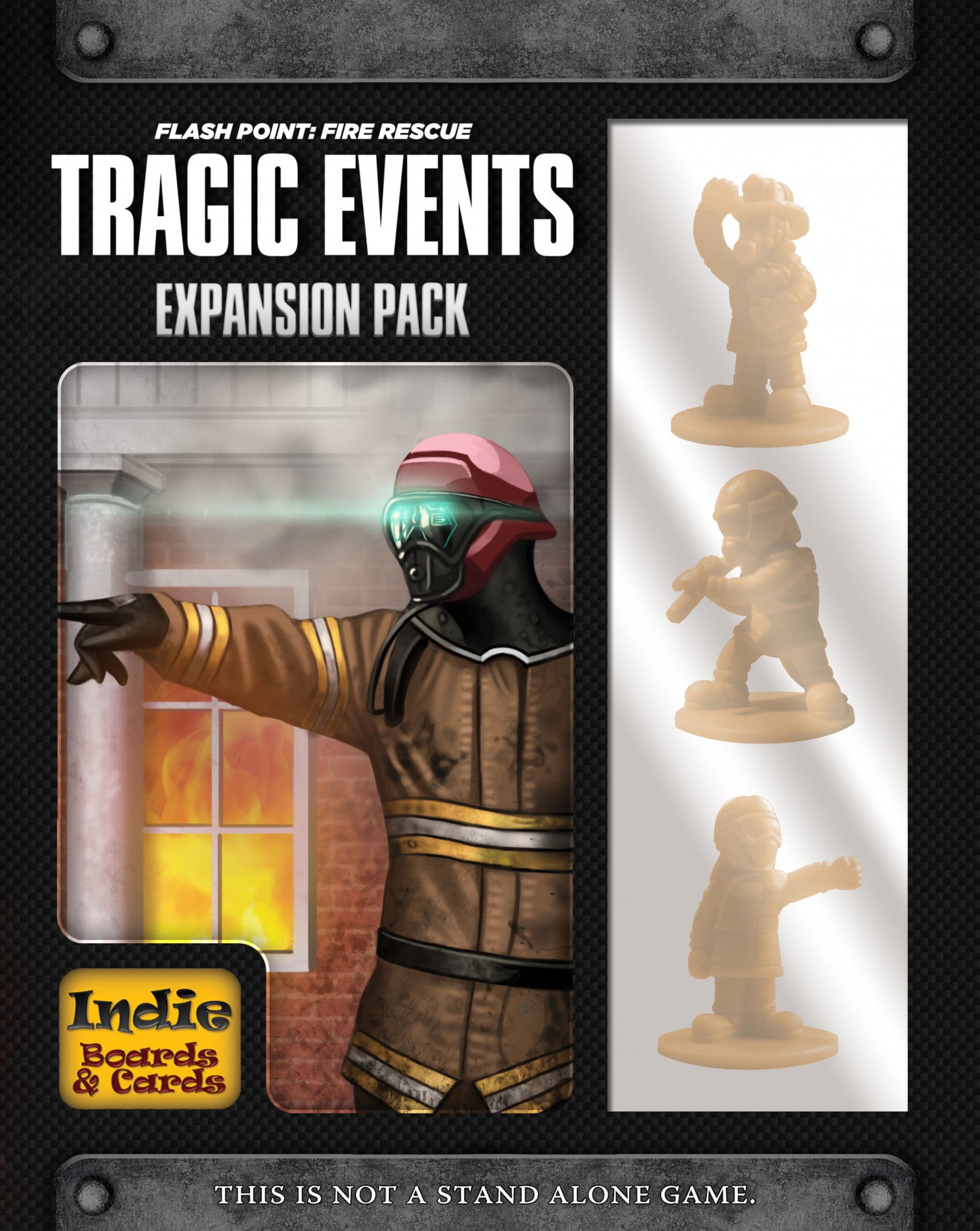 Flash Point: Tragic Events Expansion Pack cover. Firefighter points at burning window; three tan firefighter miniatures