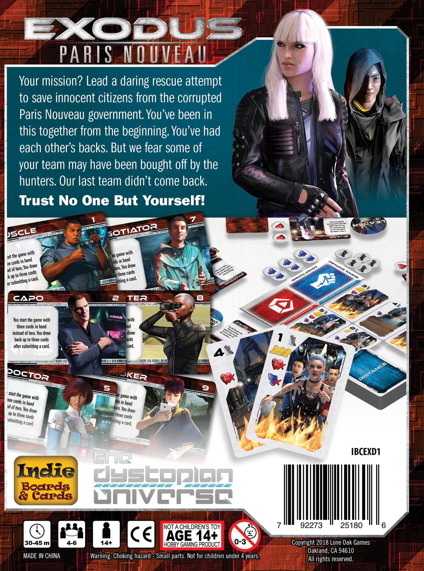 Back of a board game box displaying character art, game cards, circular tokens, and descriptive game text