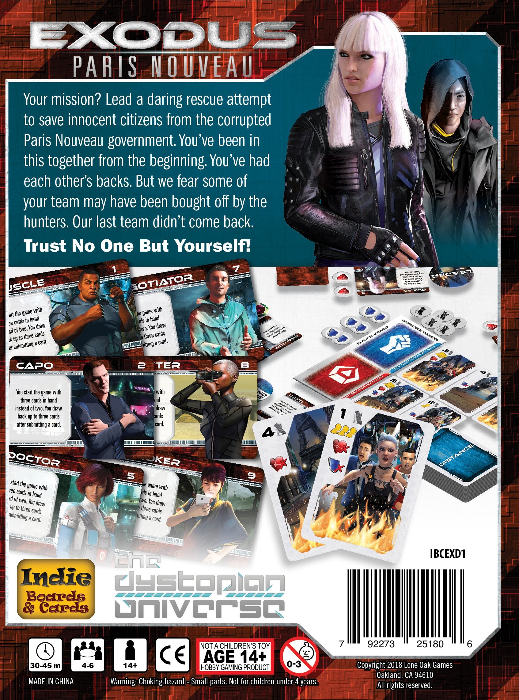 Back of a board game box displaying character art, game cards, circular tokens, and descriptive game text