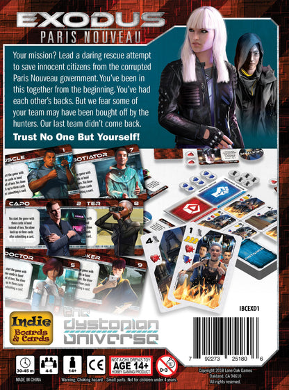 Back of a board game box displaying character art, game cards, circular tokens, and descriptive game text