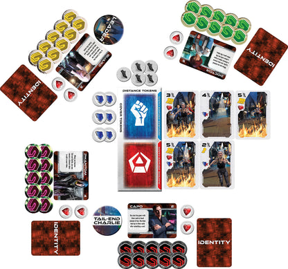 Various components of the Fantasy AGE RPG - Players Companion are laid out, including cards with futuristic city scenes and figures, and circular tokens with diverse symbols