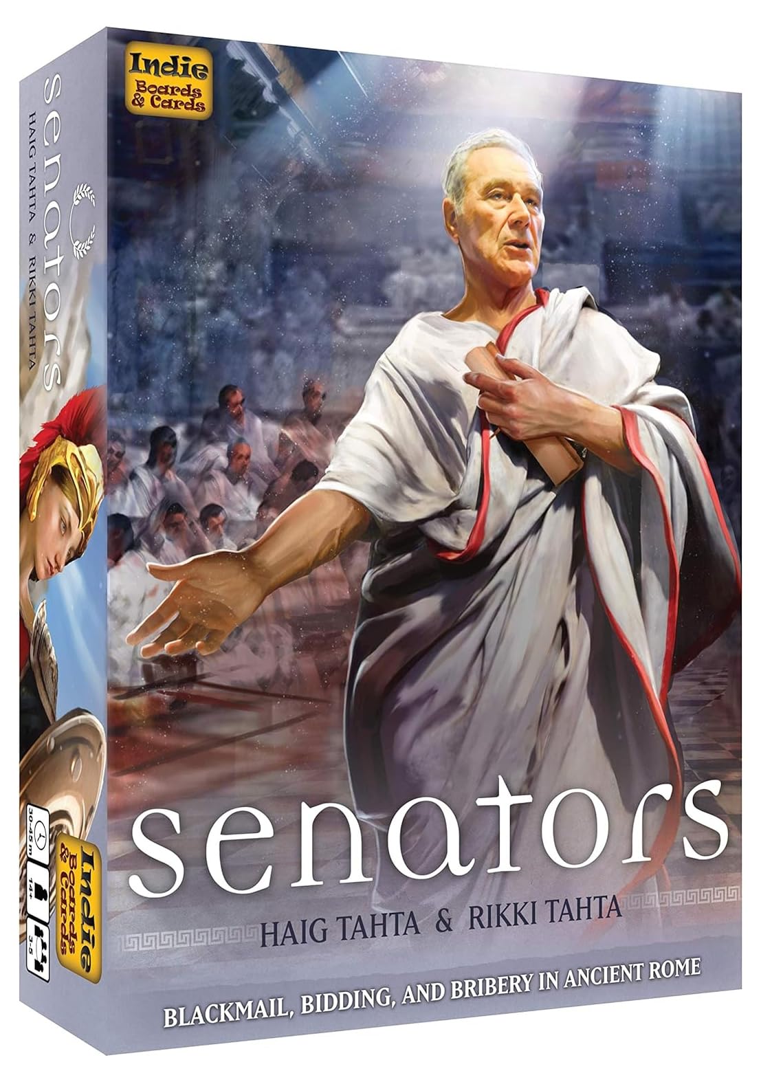 The Senators game box features an older man in a white toga gesturing with one hand and holding a scroll, with a crowd and an armored figure in an ancient Roman setting