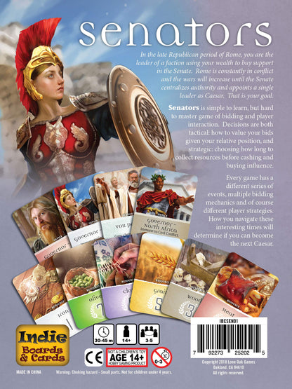 The back of the Senators game box features a Roman warrior with a shield and game cards depicting resources and ancient figures against a blue and purple background