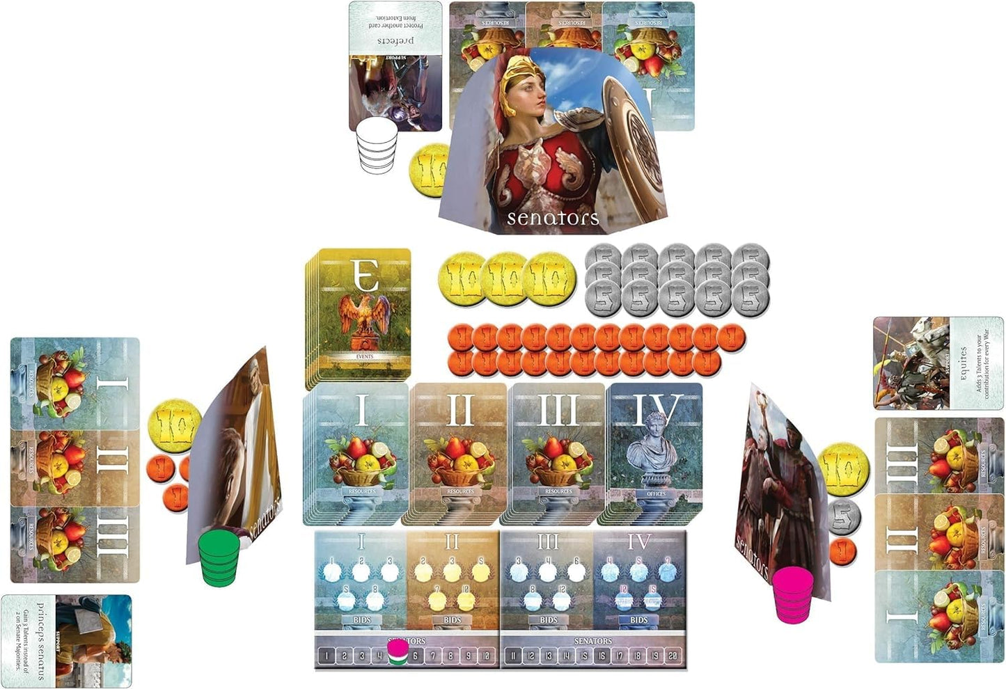 Senators board game components including multiple stacks of cards with illustrations, gold, silver, and orange tokens, and three cardboard standees of ancient figures