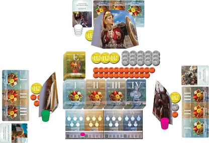 Senators board game components including multiple stacks of cards with illustrations, gold, silver, and orange tokens, and three cardboard standees of ancient figures
