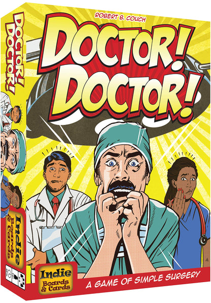 The Doctor! Doctor! board game box features three distressed doctors in a comic book art style with the prominent title and A Game of Simple Surgery text