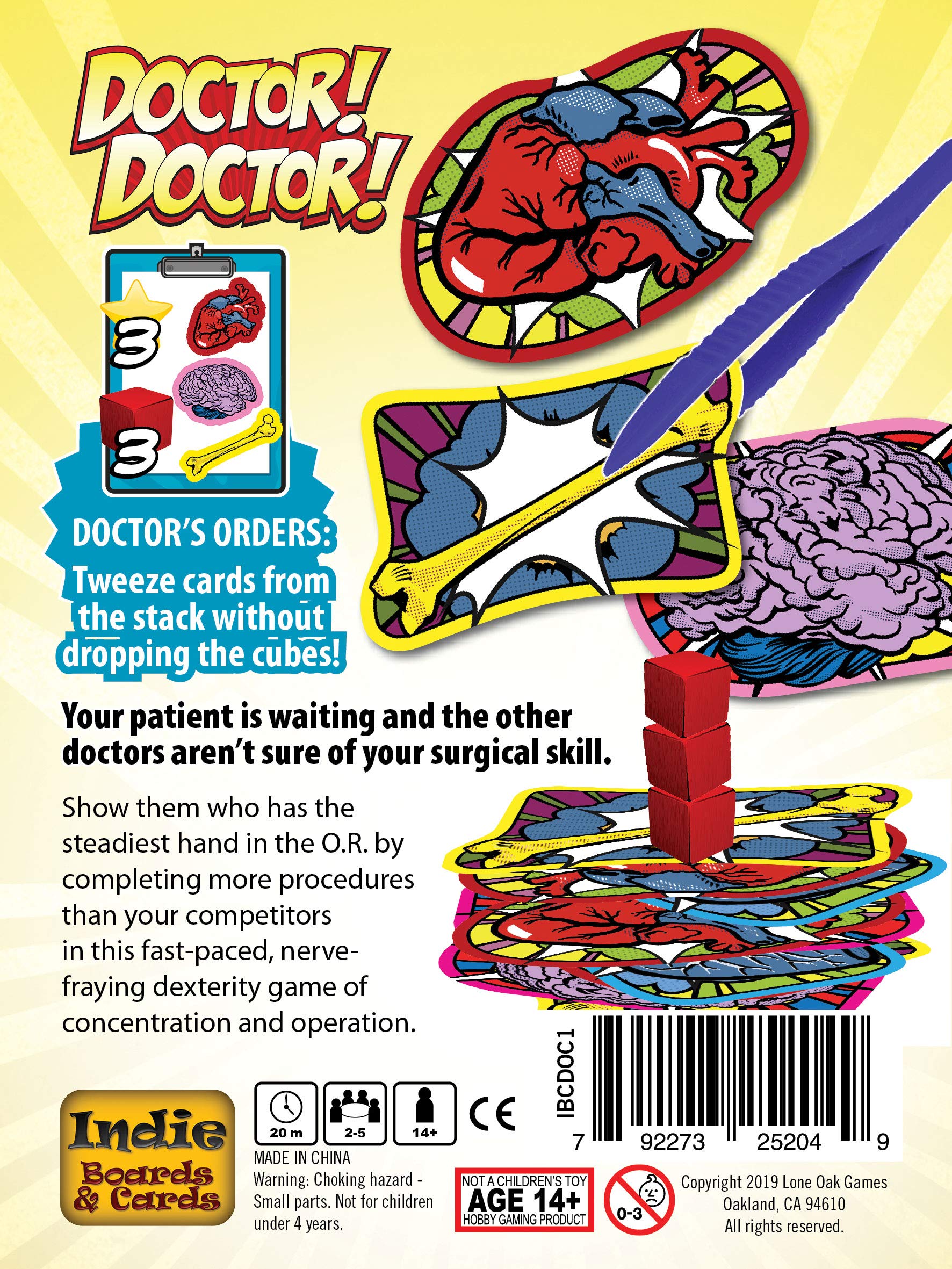 Doctor Doctor game box shows blue tweezers extracting cards with organs and bones from a stack topped by red cubes and instructions for play