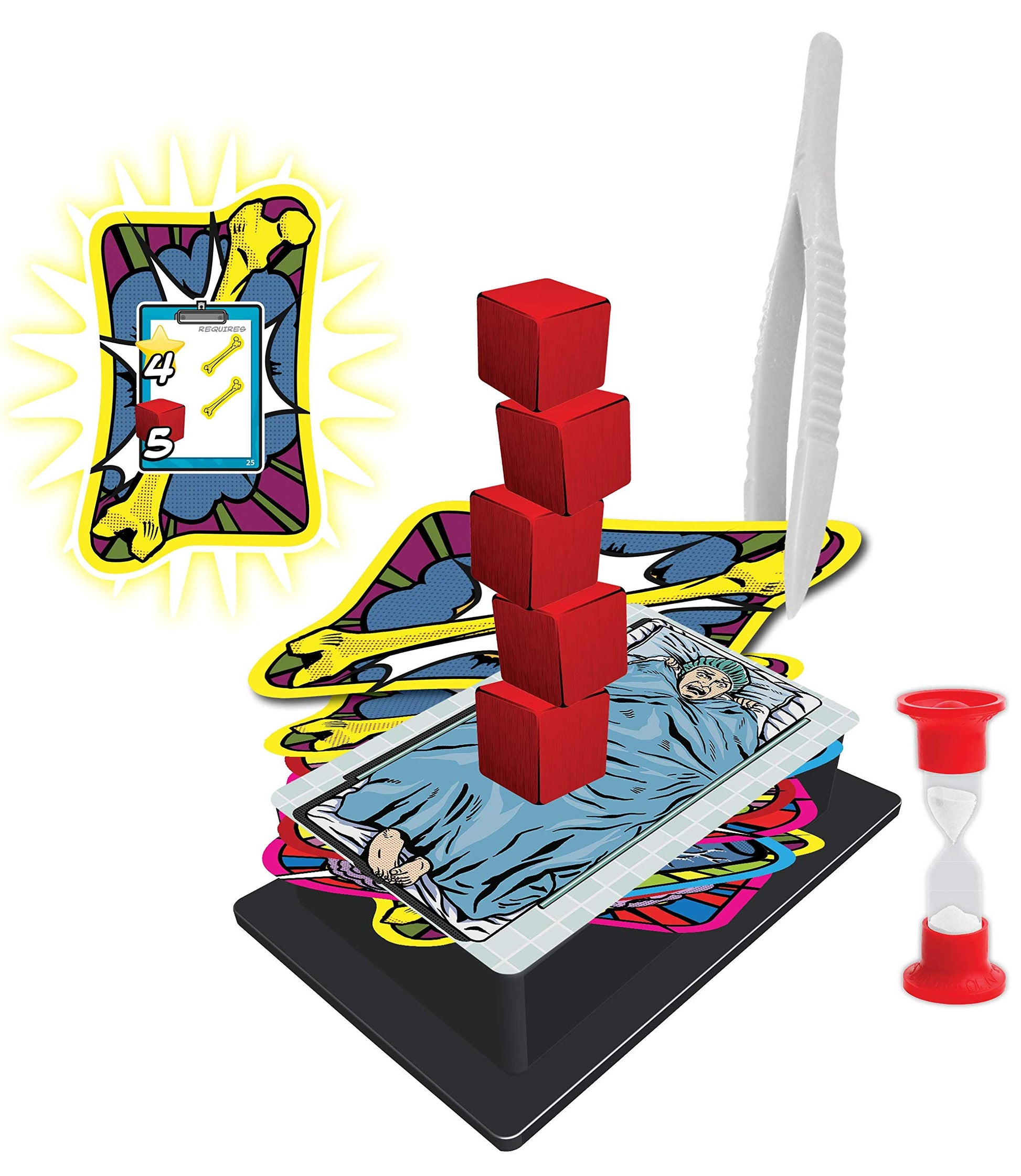 Doctor Doctor game pieces include a stack of patient cards topped with red cubes, a plastic tweezer, an hourglass, and a bright objective card displaying game requirements