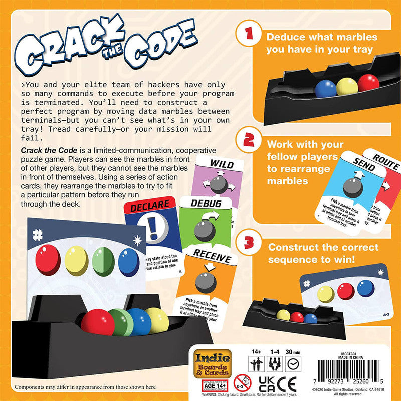 Back of Crack the Code board game box, showing players rearrange marbles with action cards to solve puzzles