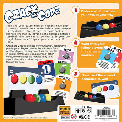 Back of Crack the Code board game box, showing players rearrange marbles with action cards to solve puzzles