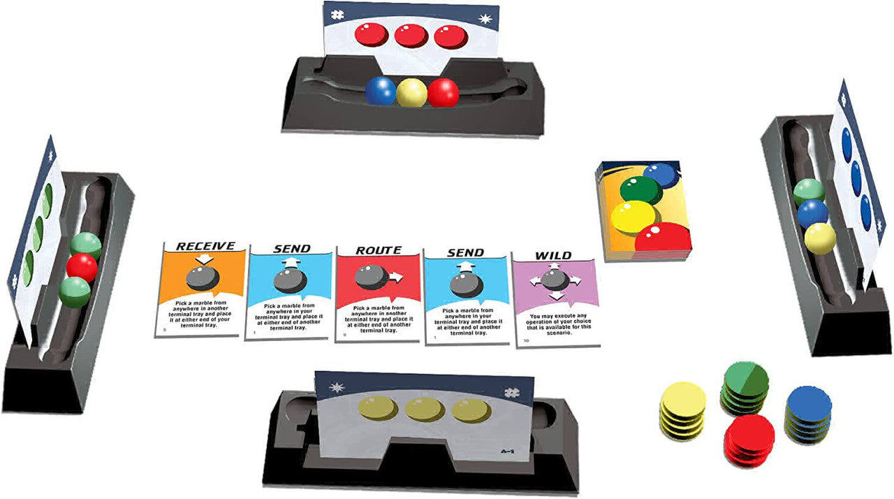 Crack the Code board game setup with trays of coloured marbles, action cards, and tokens