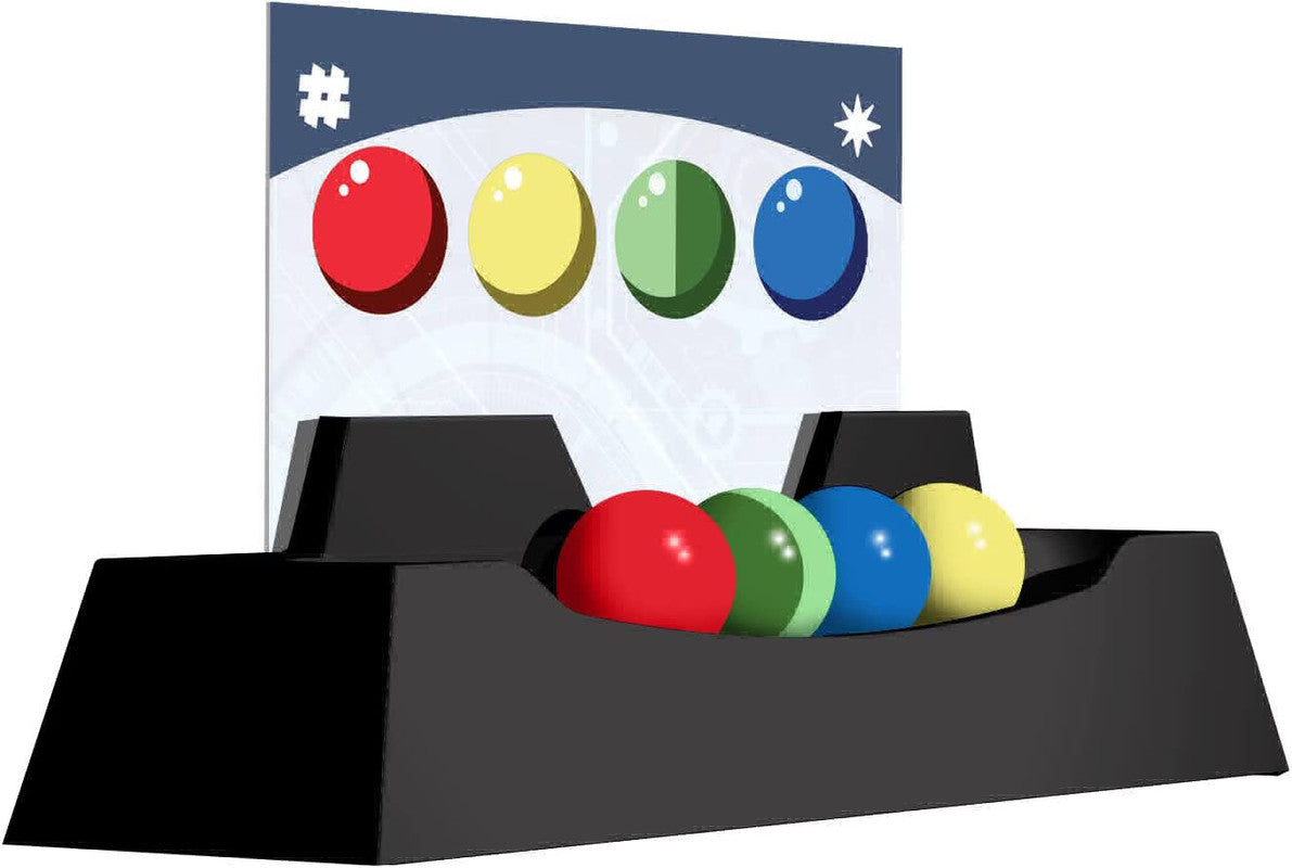 Crack the Code board game component with red, green, blue, and yellow balls in a tray, and a display board showing similar coloured circles