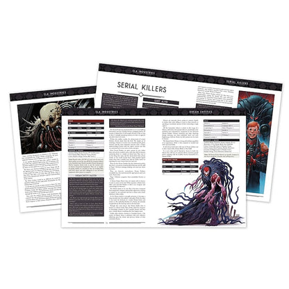 Three open SLA Industries RPG books display dark monster art and the "SERIAL KILLERS" title