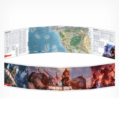 A folded Dungeon Master's Screen for Storm King's Thunder showing game maps and tables on the inner side, and fantasy art of adventurers battling creatures on the outer side