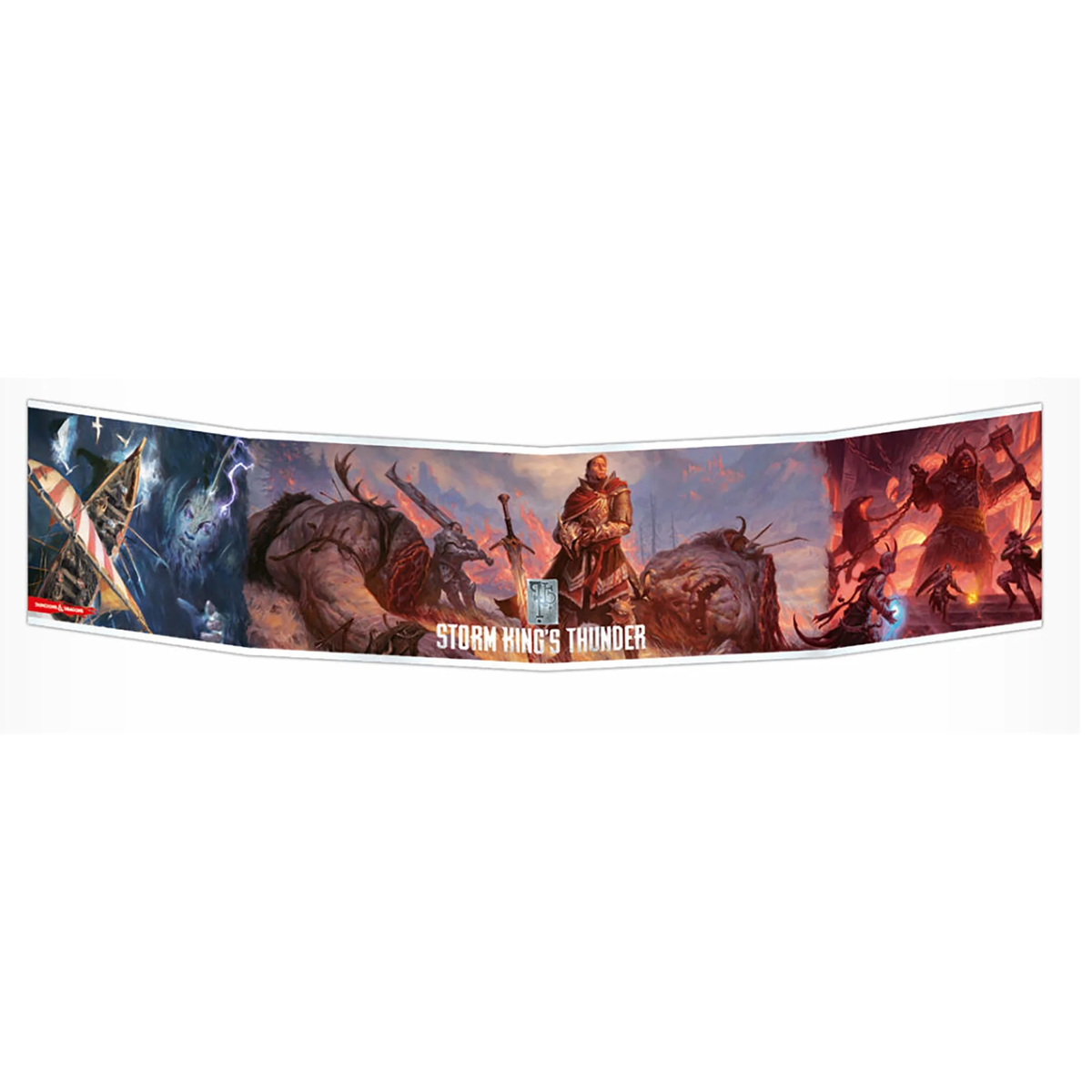 A Dungeon Master&#39;s Screen for Storm King&#39;s Thunder featuring fantasy artwork of giants, ships, and adventurers in battle