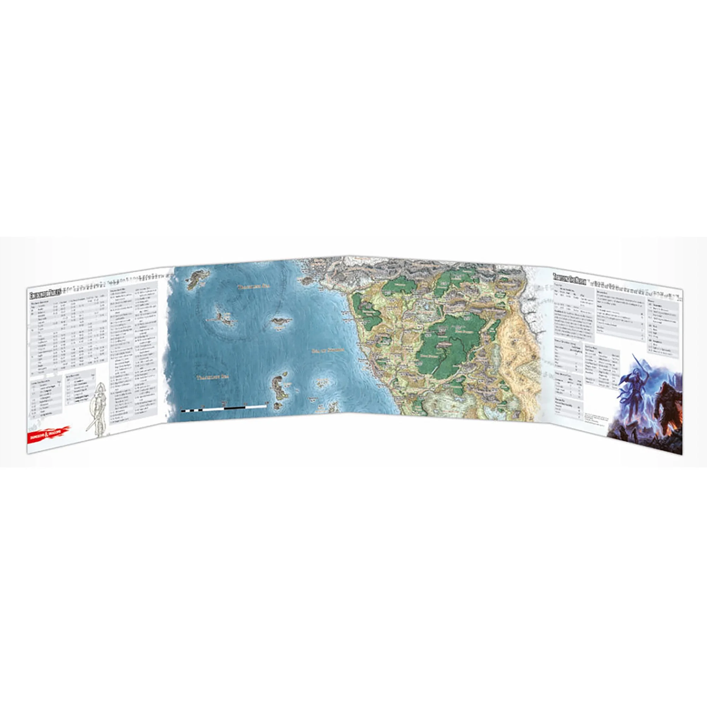 A Dungeons & Dragons Dungeon Master's Screen unfolded, featuring a detailed fantasy map, rule tables, and artwork of two armored figures