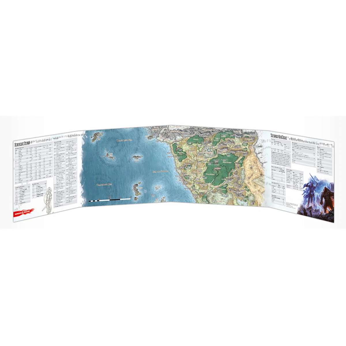 A Dungeons &amp; Dragons Dungeon Master&#39;s Screen unfolded, featuring a detailed fantasy map, rule tables, and artwork of two armored figures