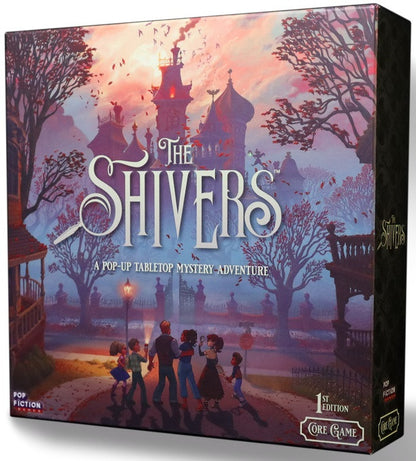 Box cover of The Shivers board game featuring a spooky mansion with glowing windows and mysterious shadows