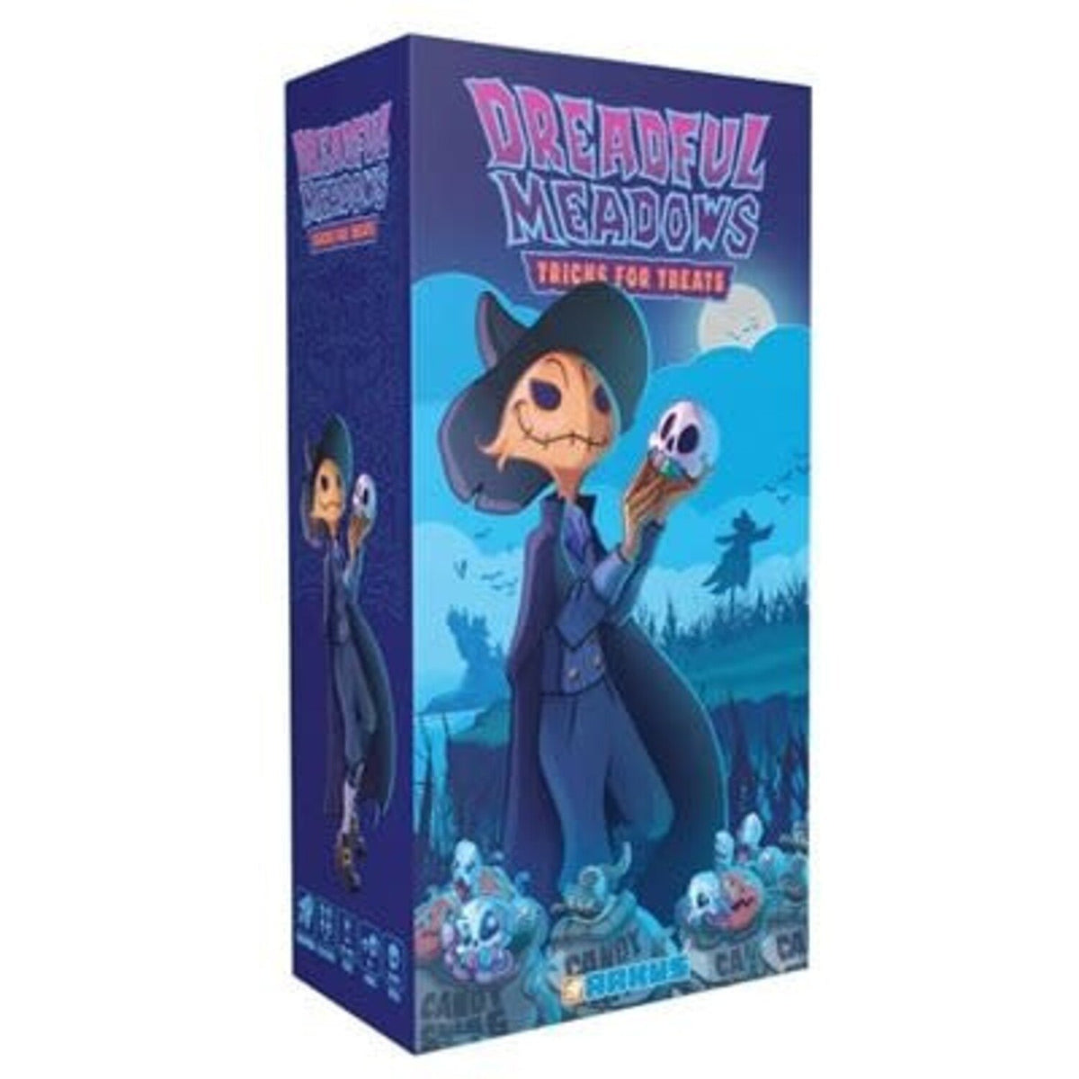 A blue and purple box for Dreadful Meadows Tricks For Treats showing a witch-hatted pumpkin person with a skull ice cream cone