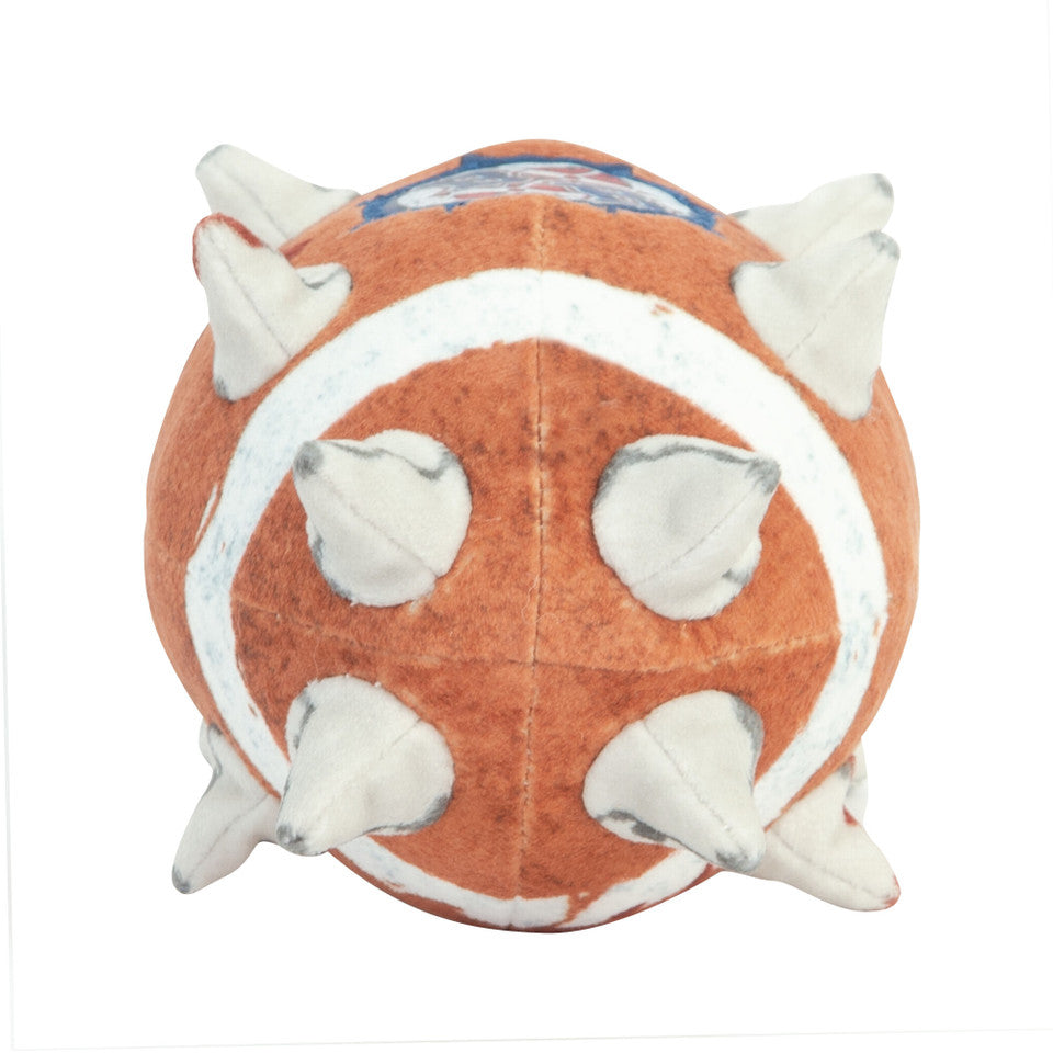 The soft orange and white Warhammer Blood Bowl spiked ball plush toy is displayed straight-on with its numerous light-colored textile spikes