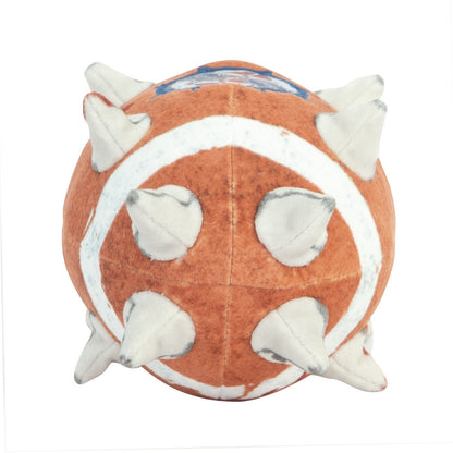 The soft orange and white Warhammer Blood Bowl spiked ball plush toy is displayed straight-on with its numerous light-colored textile spikes