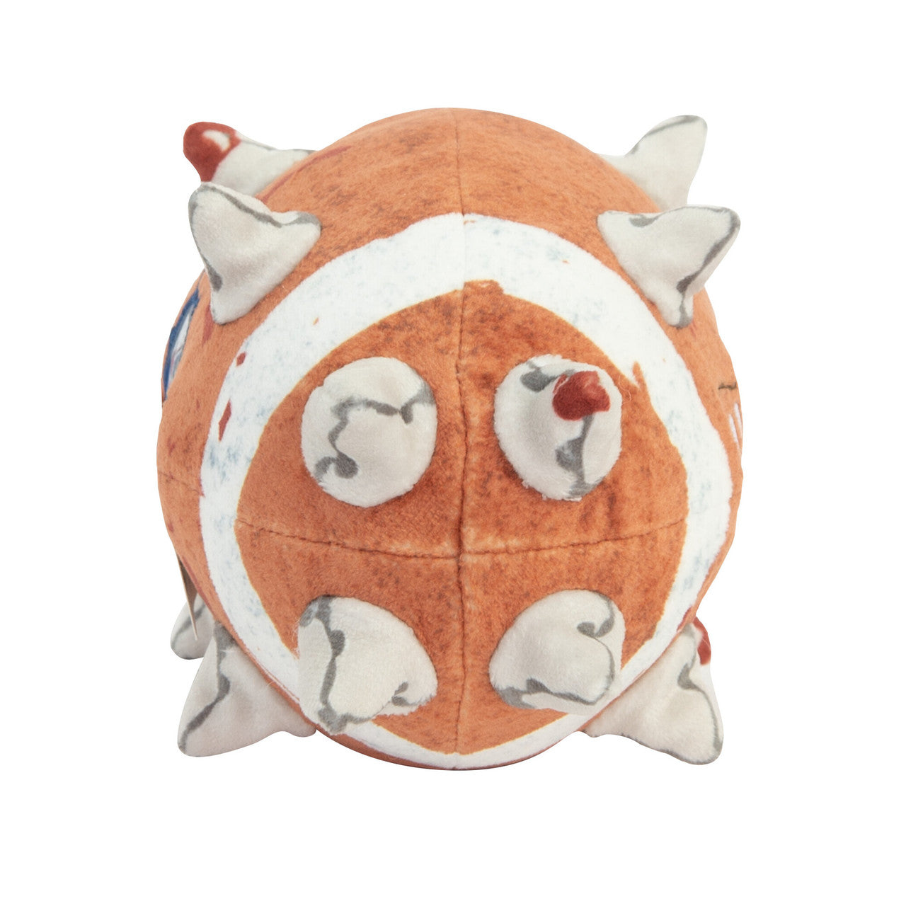 This plush Warhammer Blood Bowl spike ball is orange and white, featuring a distressed central ring and four large fabric pads