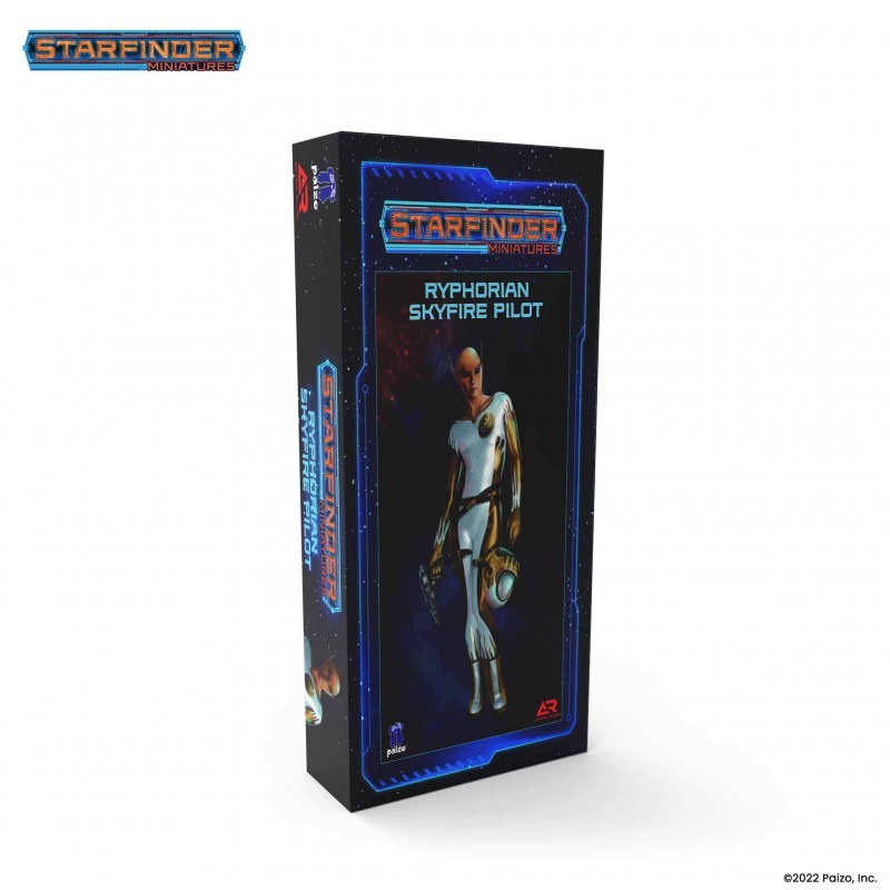 Starfinder Miniatures product box: Ryphorian Skyfire Pilot. A bald pilot in a white &amp; gold sci-fi suit holds a pistol &amp; helmet
