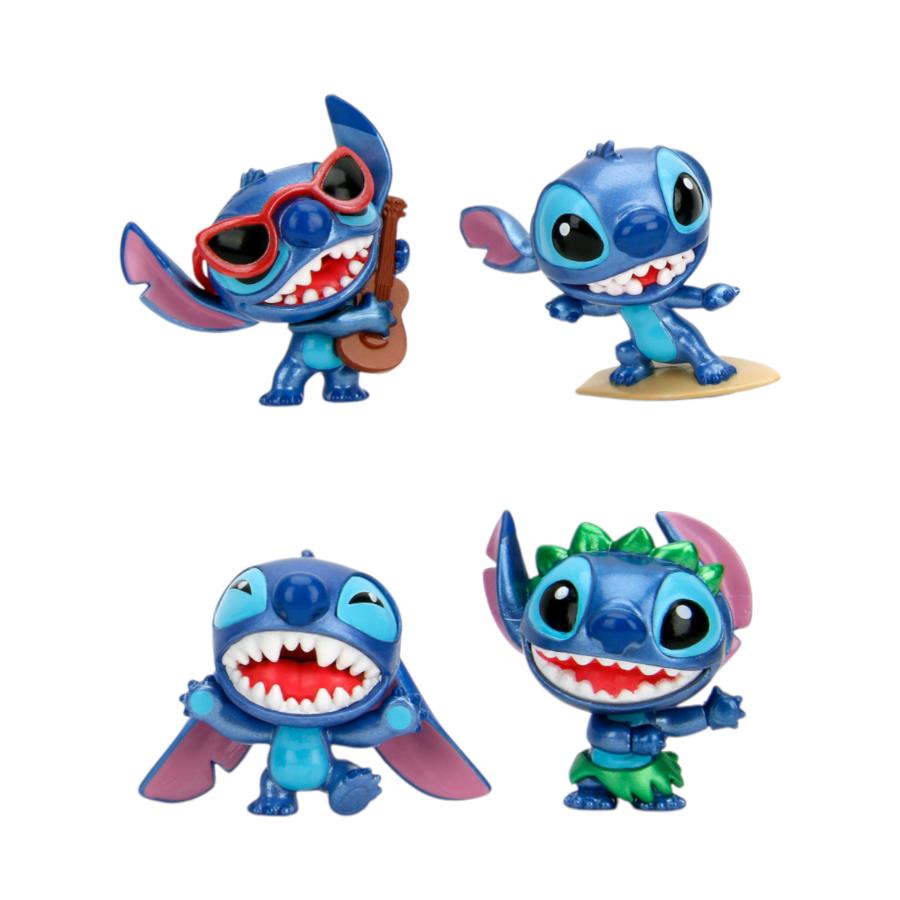 Set of 4 blue Stitch collectible figures in different Hawaiian poses: surfing, hula skirt, ukulele, and open mouth