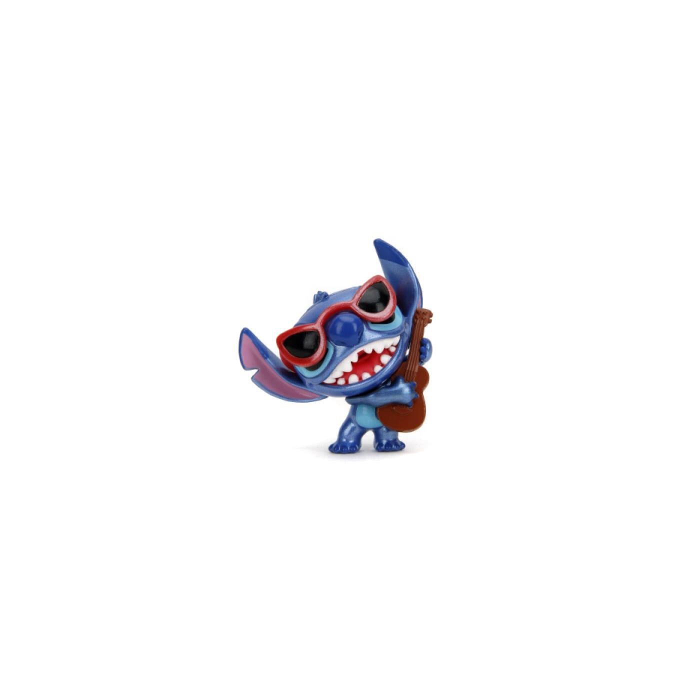 Blue Stitch figure wearing red sunglasses and playing a ukulele