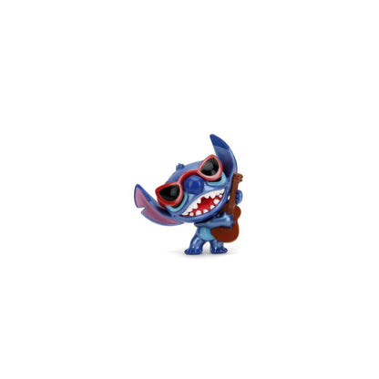 Blue Stitch figure wearing red sunglasses and playing a ukulele