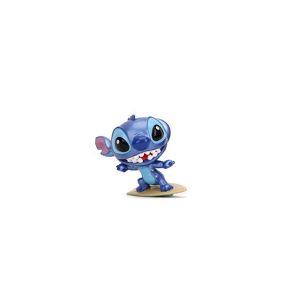 Disney Stitch blue figure smiling, posed surfing on a small surfboard