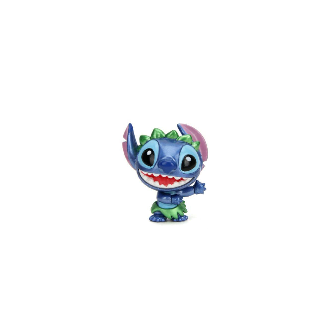 Blue Stitch vinyl figure in a green hula outfit (grass skirt and leafy crown) with a wide, toothy grin