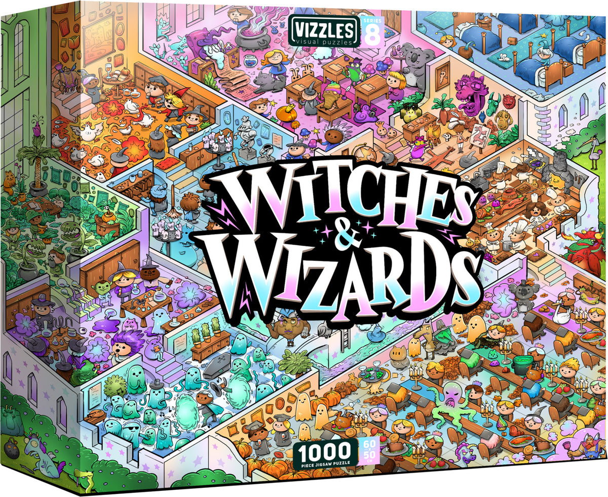 Vizzles Witches Wizards 1000-piece jigsaw puzzle box featuring a vibrant whimsical isometric view of a magical school with various fantasy creatures and characters