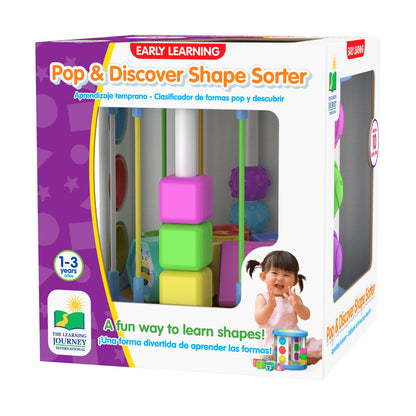 Pop & Discover Shape Sorter educational toy box, featuring colourful stacking blocks, rods, and a happy toddler