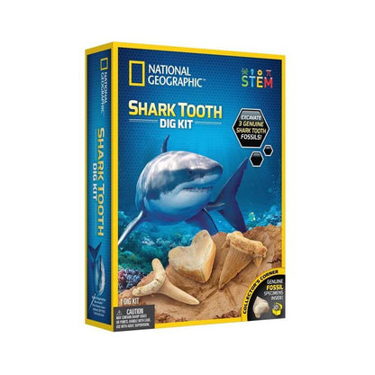 National Geographic STEM Shark Tooth Dig Kit box showing a great white shark, fossilized teeth, and a digging excavation block