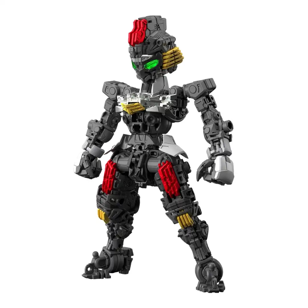 Unarmored dark gray mech inner frame model kit with red and gold mechanical details and glowing green eyes
