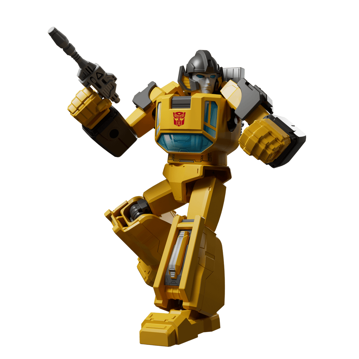 Yellow Transformers robot with grey helmet holding a gun in action pose