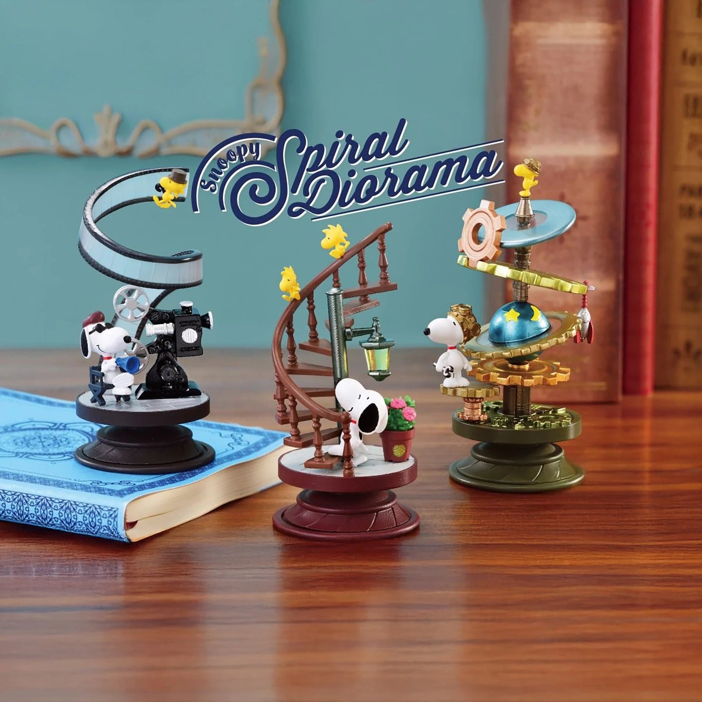 Miniature Snoopy and Woodstock Spiral Dioramas featuring film, staircase and space settings