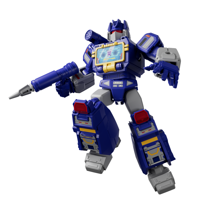 Transformers Masterpiece MP-13 Soundwave robot figure in blue and grey with a red visor and blaster accessory