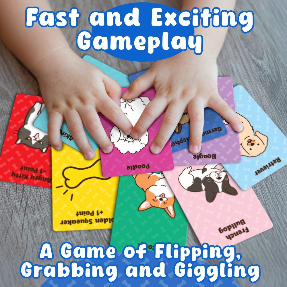 Child's hands reaching for colourful dog breed playing cards (Poodle, French Bulldog, Corgi, Retriever) during a fast-paced game
