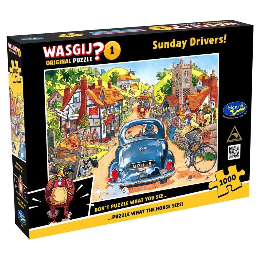 Wasgij 1000-piece puzzle "Sunday Drivers!" box, cartoon drawing of a traffic-filled English village street with a blue car and cyclist